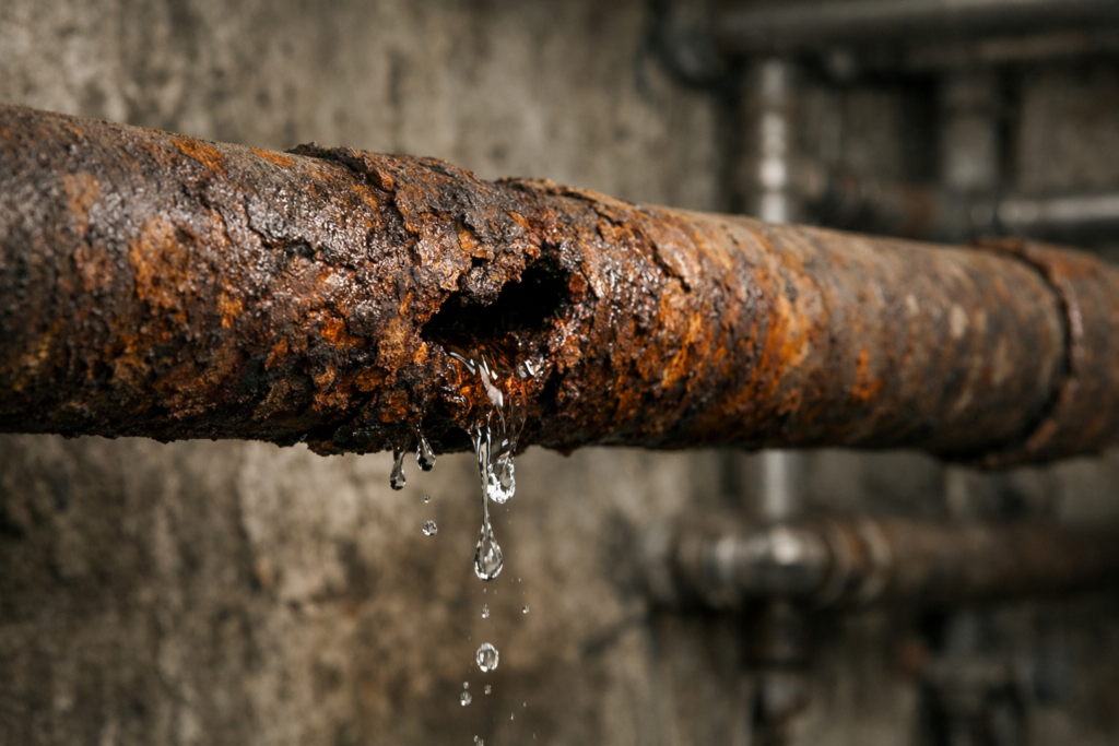 Stark korrodierte Wasserleitung mit Leckage im Keller – Rohrbruch durch Rostschaden
