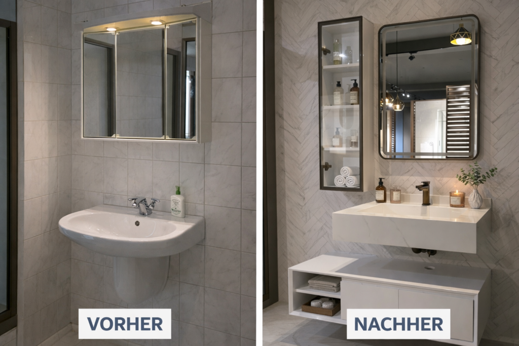Vorher Nachher Badmodernisierung mit Austausch von Waschbecken und Spiegelschrank – modernes Badezimmer nach Sanierung